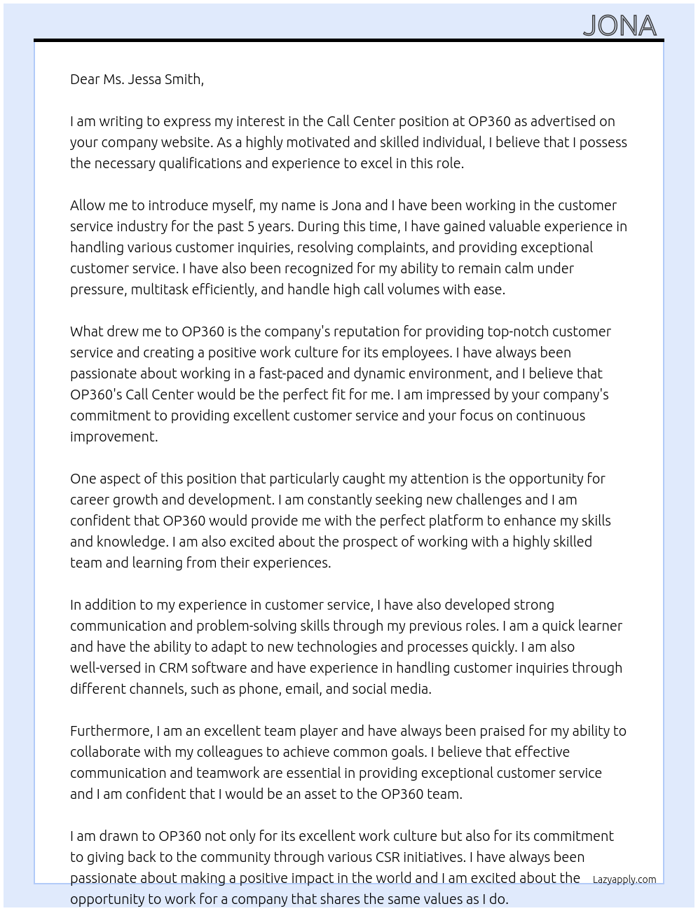 Call Center At OP360 Cover Letter