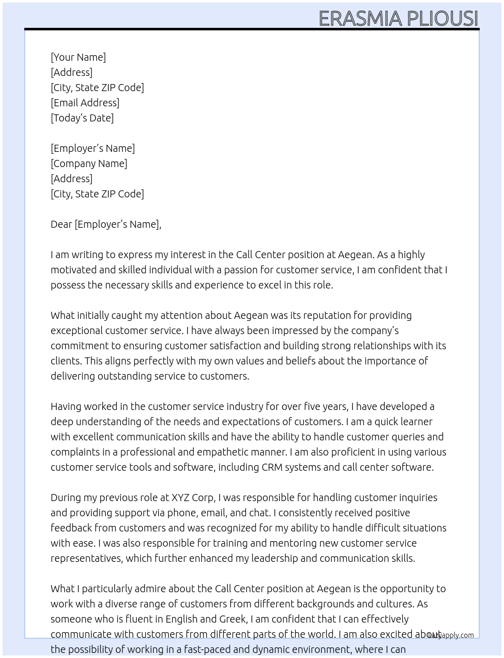 call center At Aegean Cover Letter