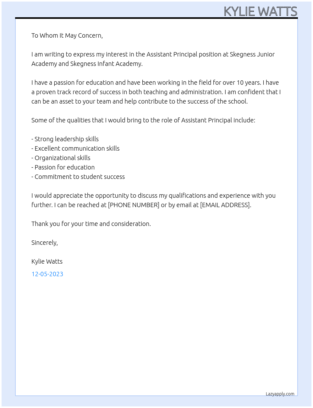 Assistant Principal At Skegness Junior Academy and Skegness Infant ACademy Cover Letter