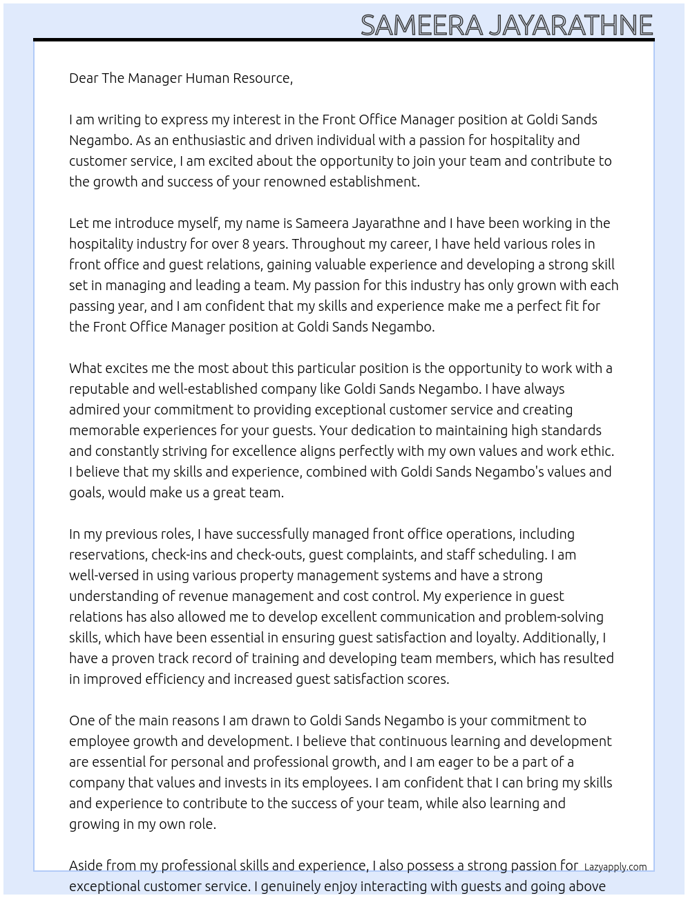 Front Office Manager At Goldi Sands Negambo Cover Letter