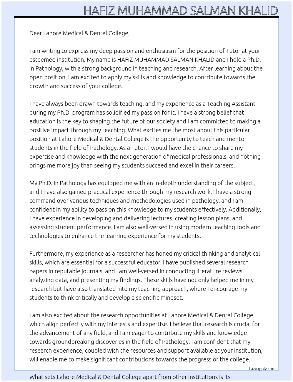 Tutor At Lahore Medical & Dental College  Cover Letter