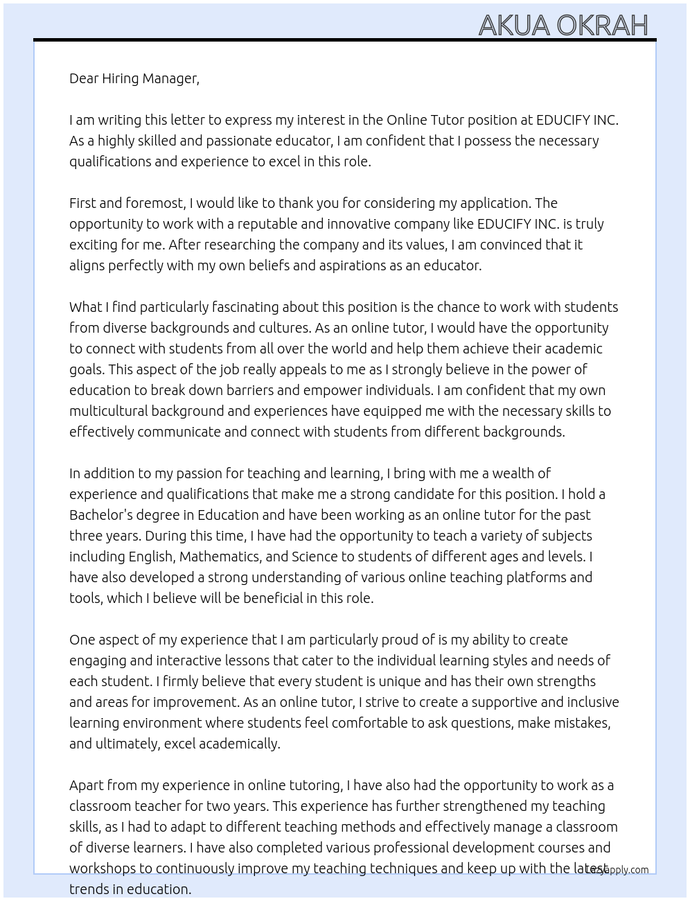 Online Tutor At EDUCIFY INC. Cover Letter