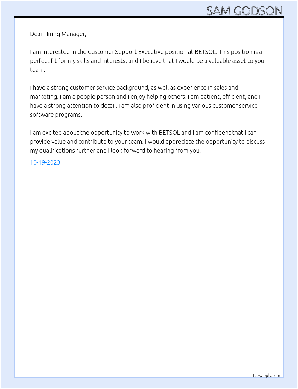 Customer Support Executive At BETSOL Cover Letter