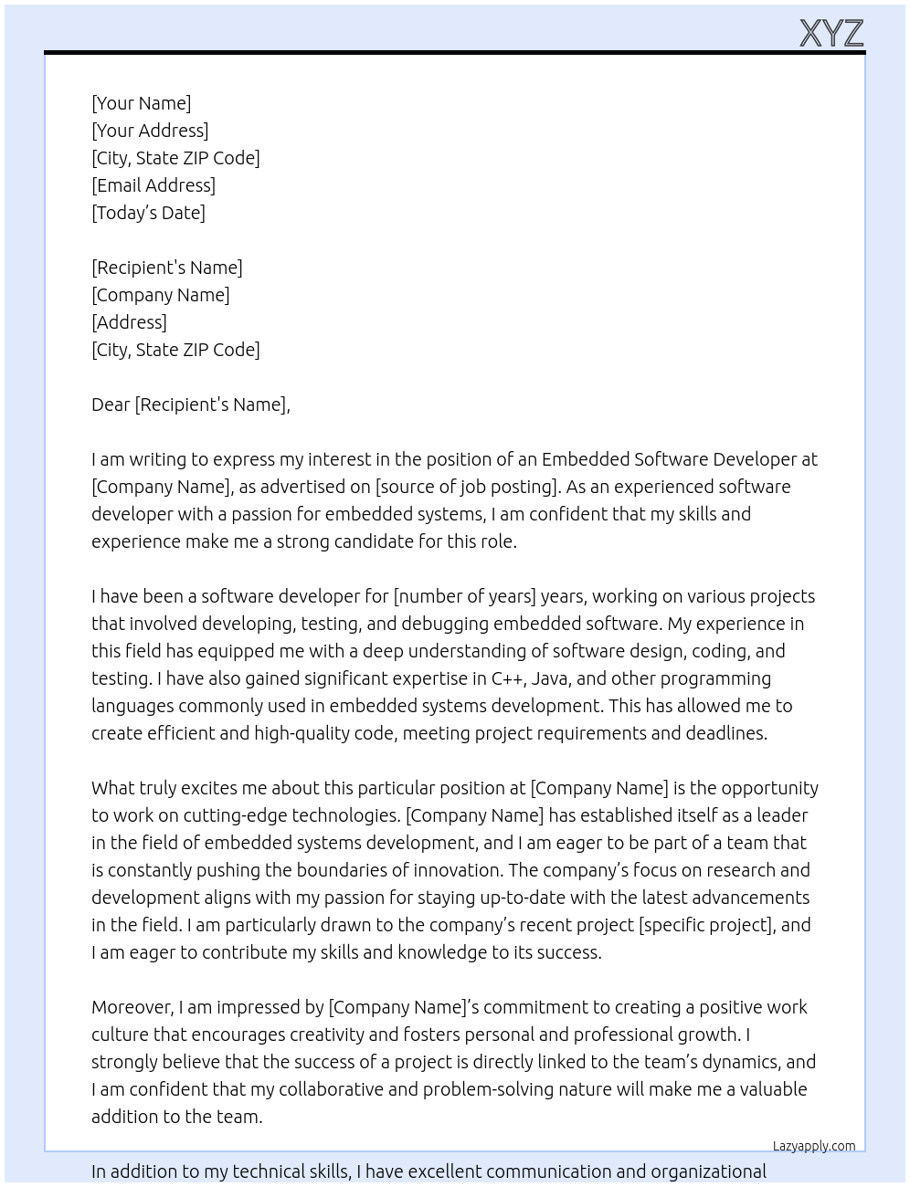 Embedded Software developer At freelance job Cover Letter