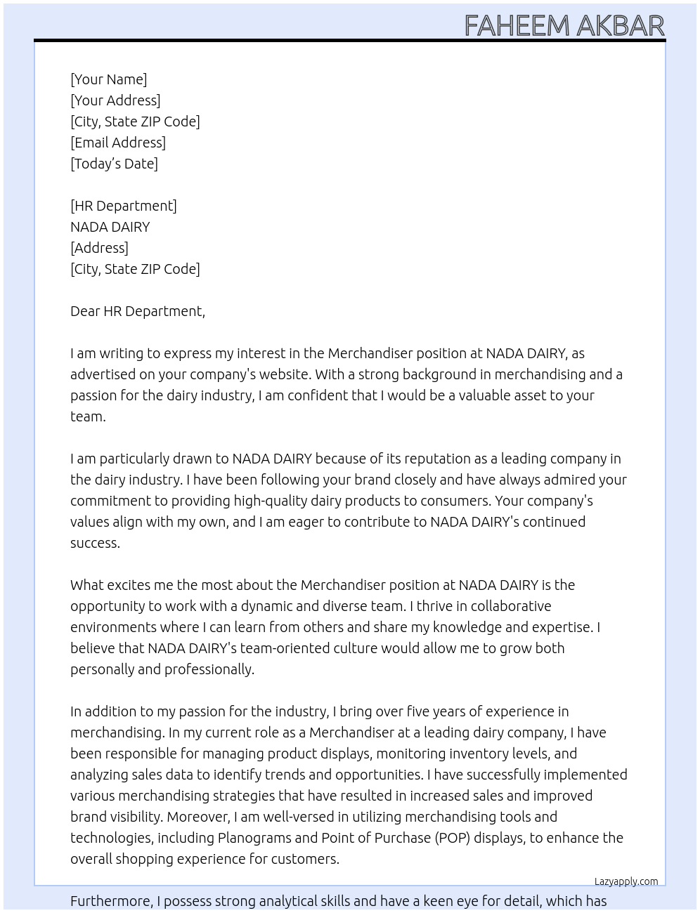 Merchandiser At NADA DAIRY Cover Letter