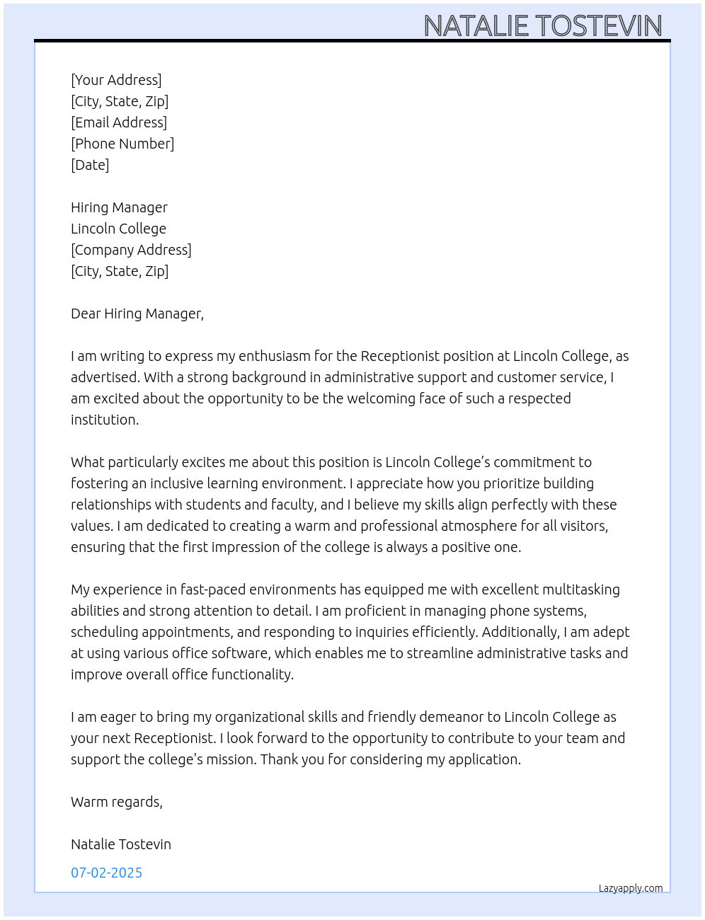 Receptionist At Lincoln college Cover Letter