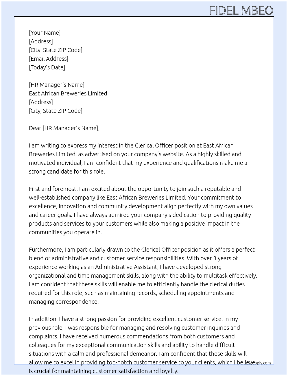 Clerical Officer At East African Breweries Limited Cover Letter