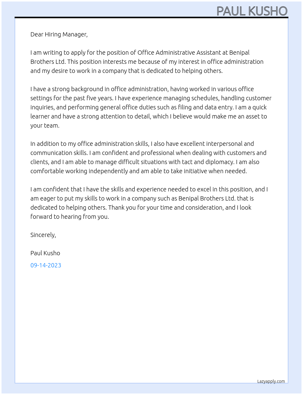 Office Administrative Assistant At Benipal Brothers Ltd Cover Letter