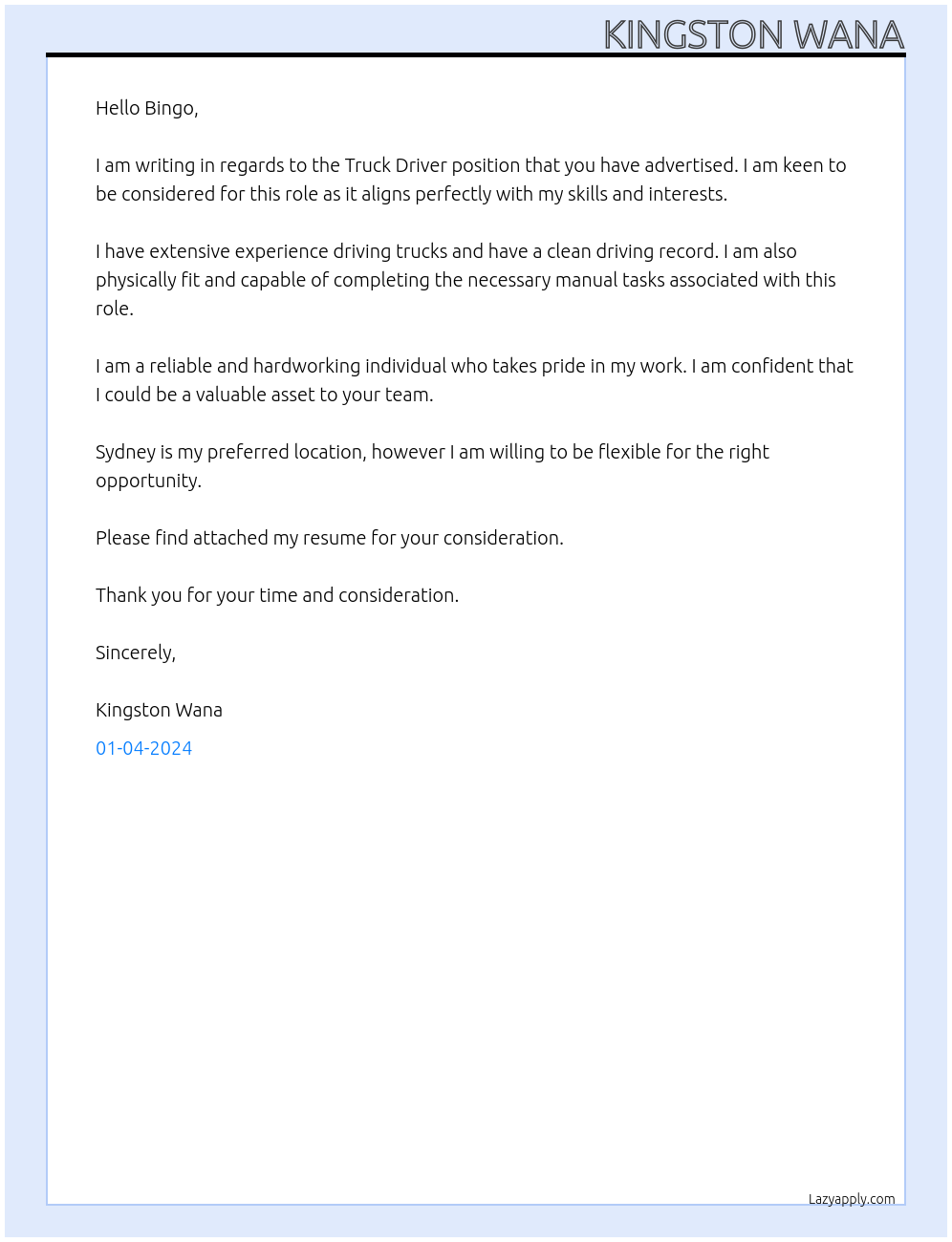 Truck Driver At Bingo Cover Letter