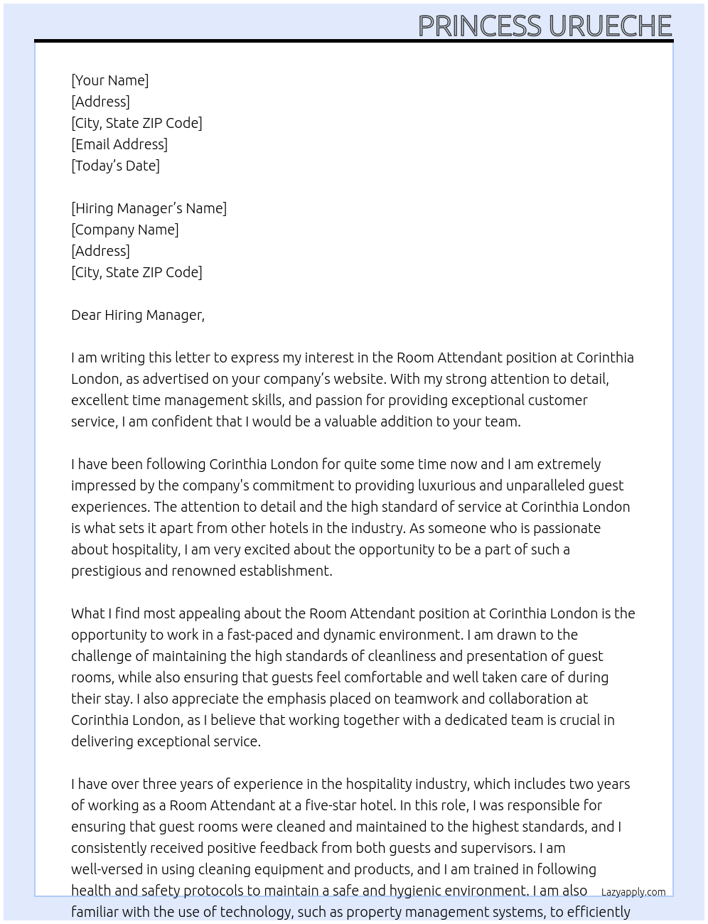 Room attendant  At Corinthia London Cover Letter