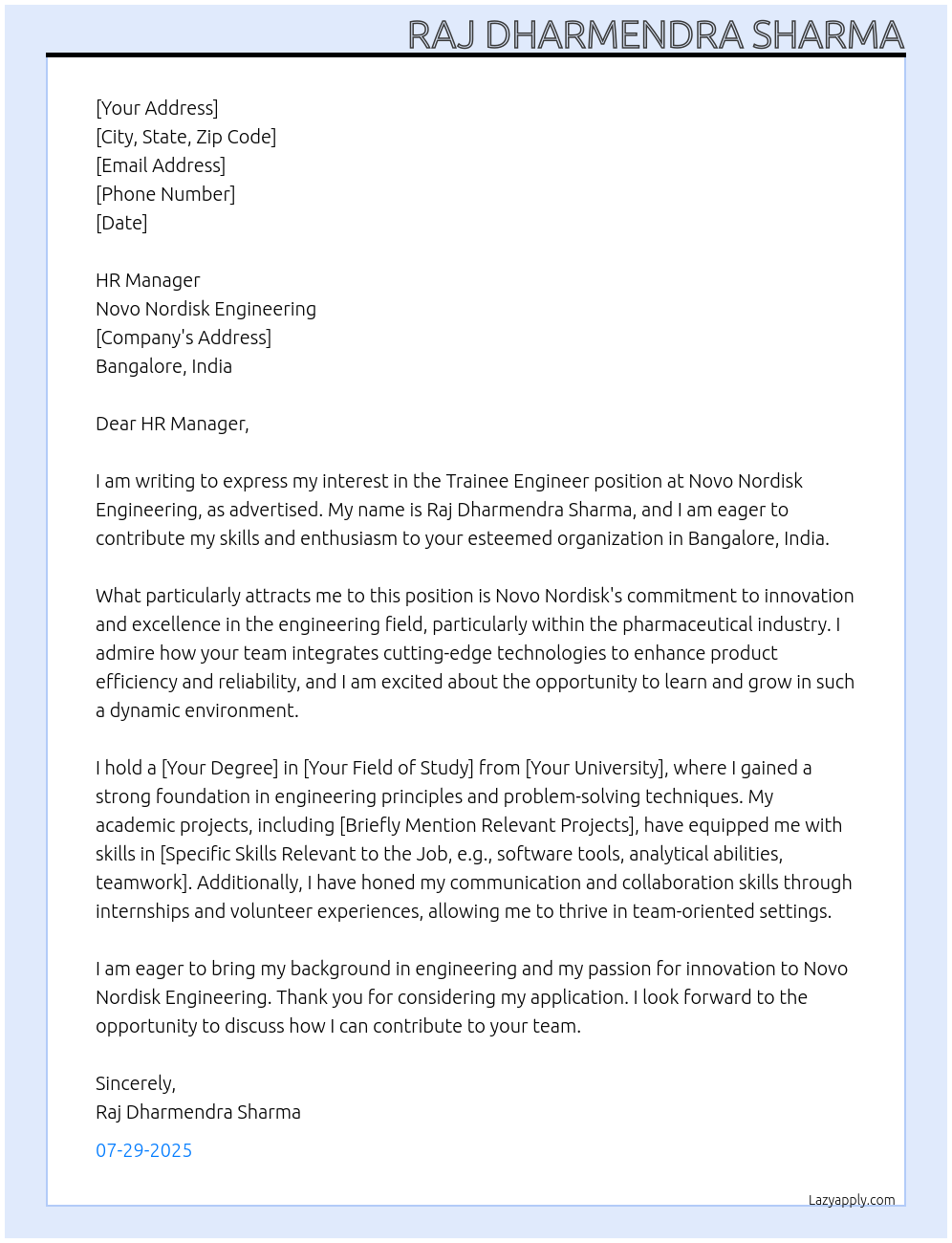 Cover letter for trainee engineer - LazyApply