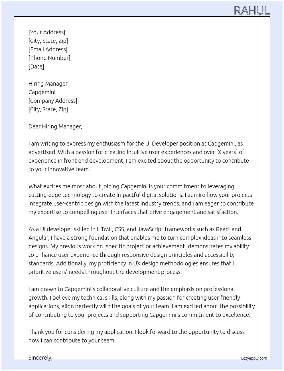 Cover letter for ui developer - LazyApply