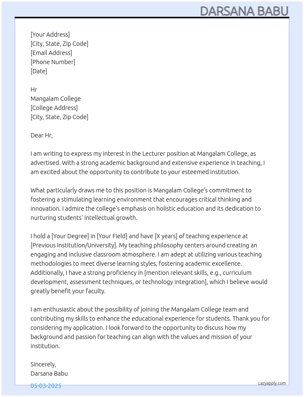 Lecturer At Mangalam college Cover Letter