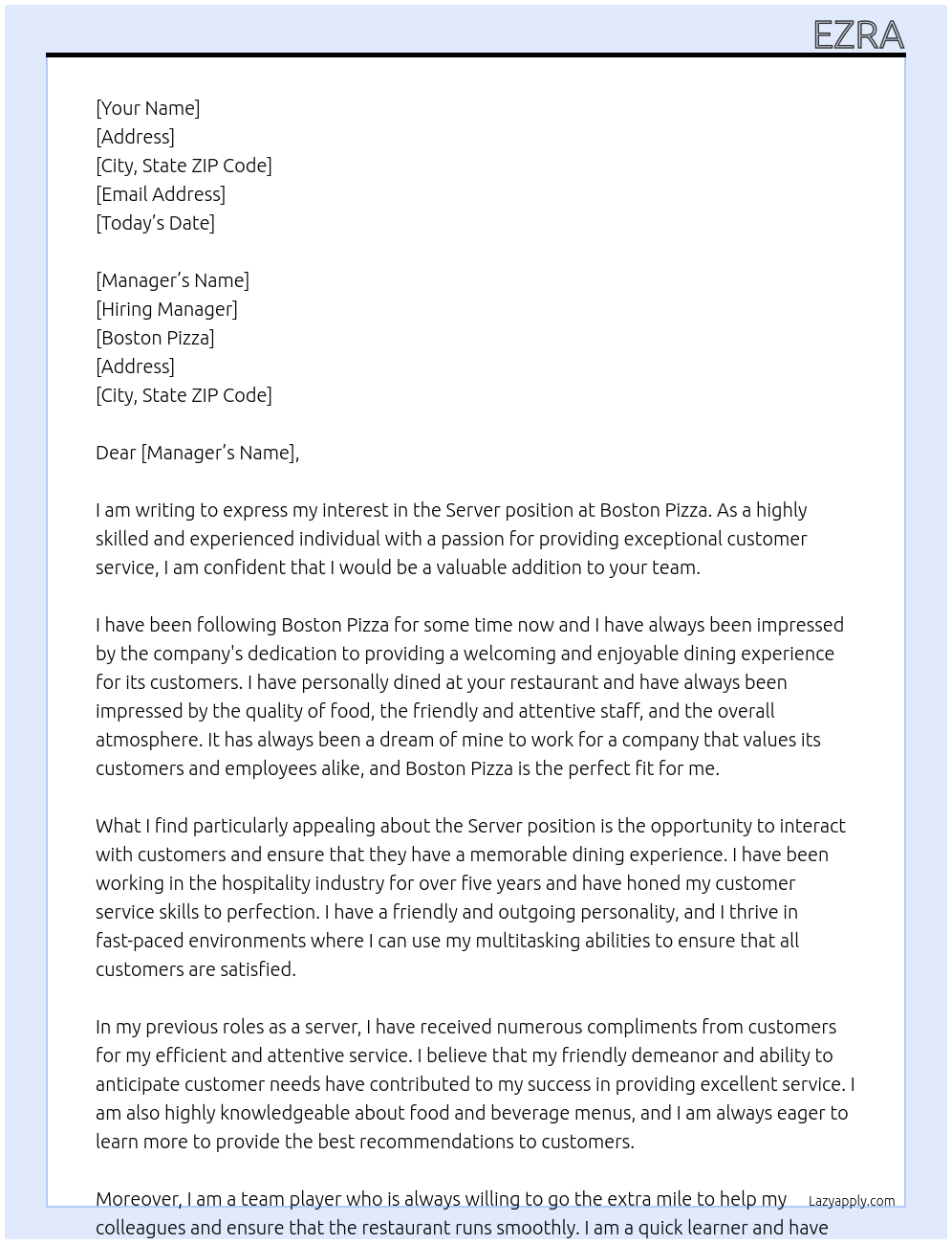 server At Boston pizza Cover Letter