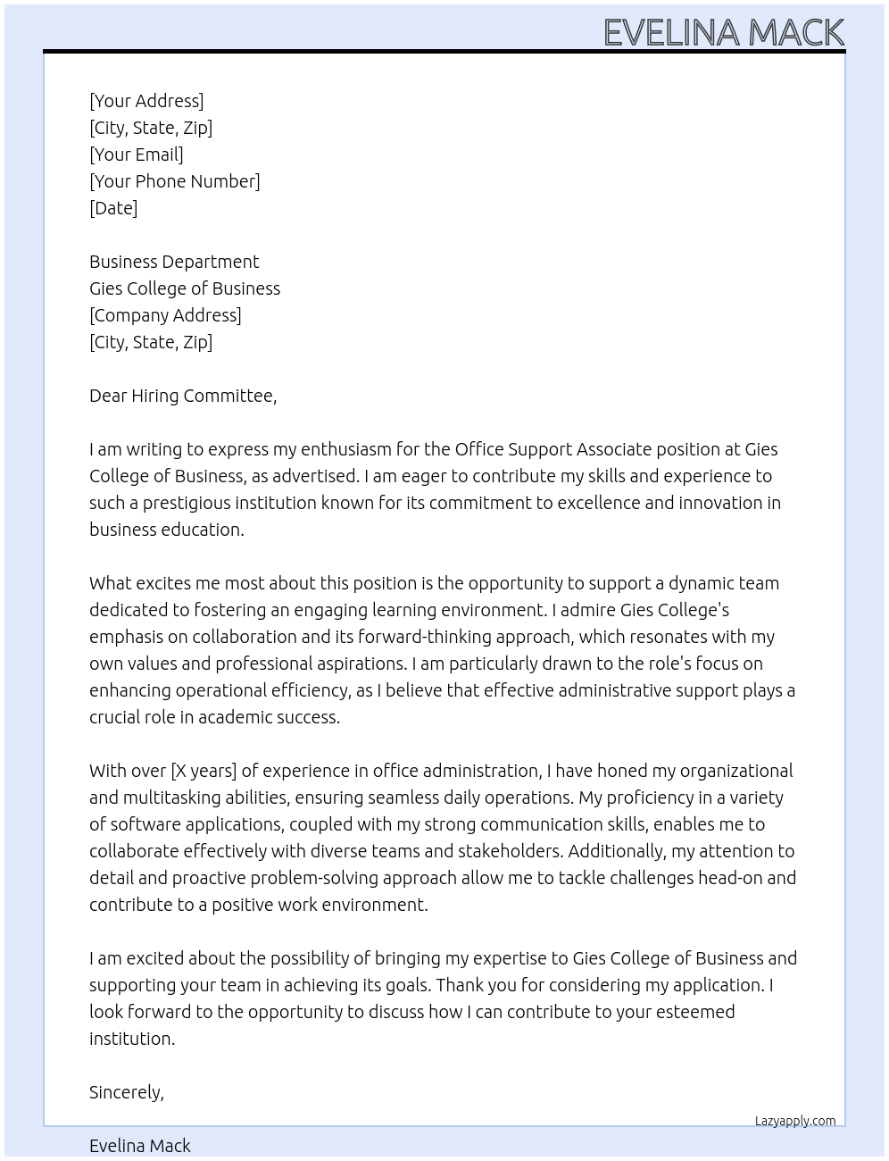 Office Support Associate At Gies College Business Cover Letter