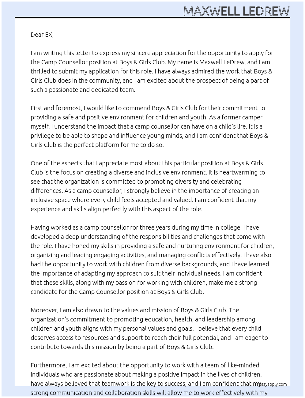 Camp Counsellor At Boys & Girls Club Cover Letter