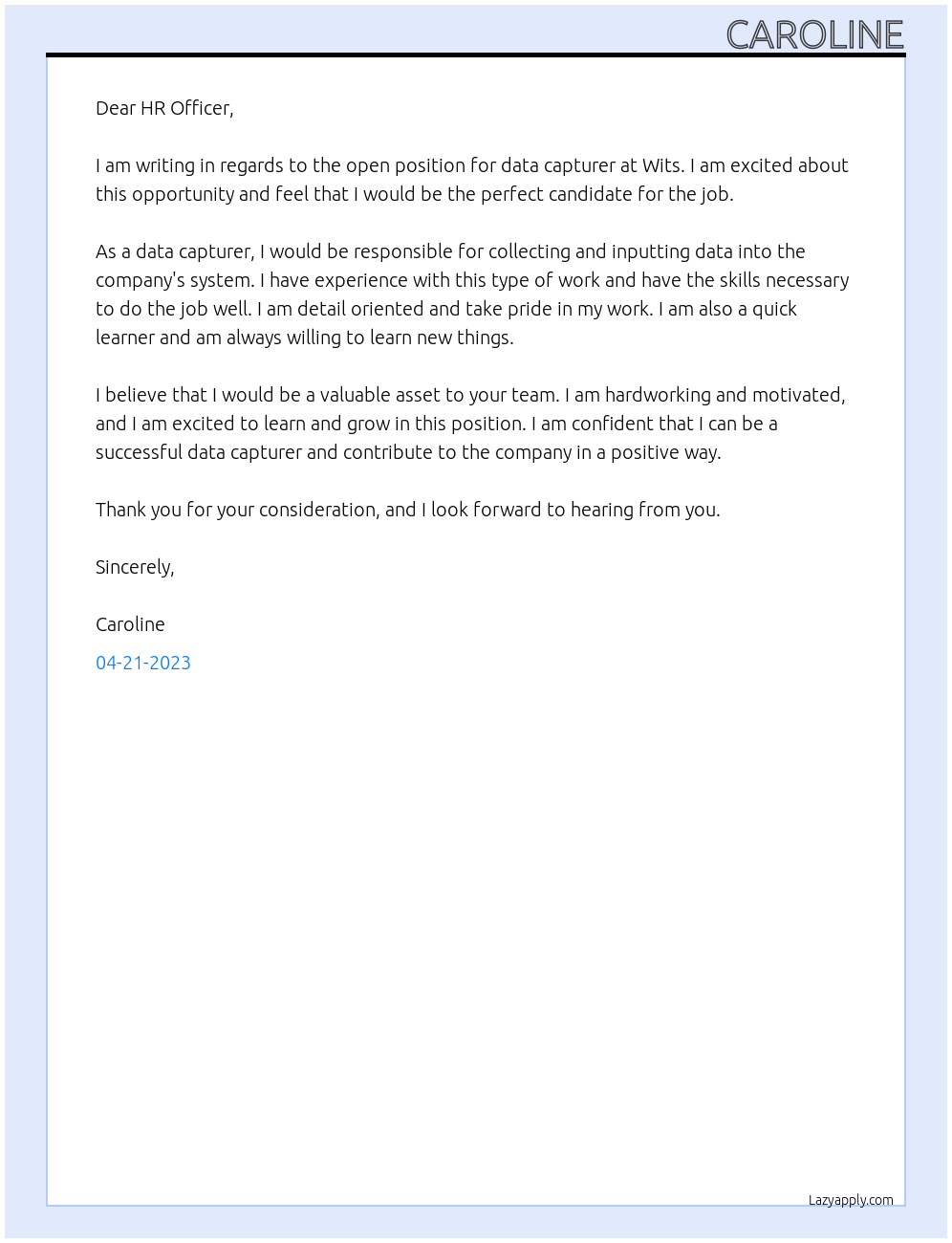 data capturer At wits Cover Letter