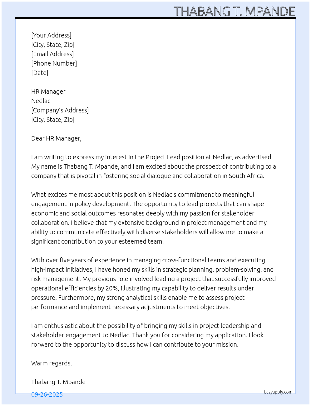 Cover letter for project lead - LazyApply