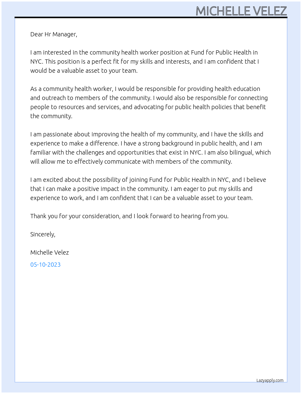 community health worker At Fund for Public Health in NYC Cover Letter