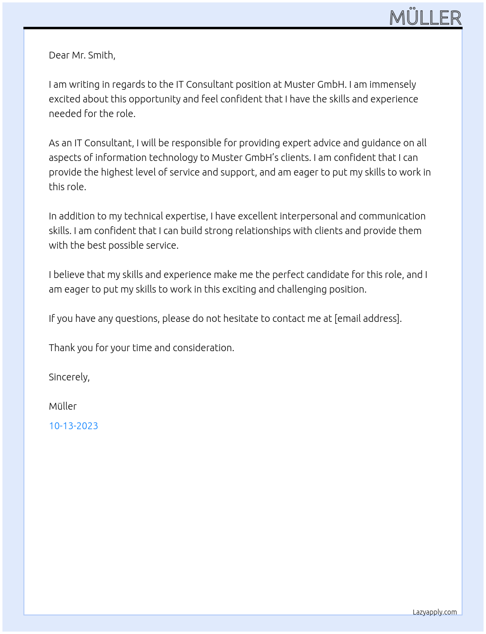 IT Consultant At Muster GmbH Cover Letter