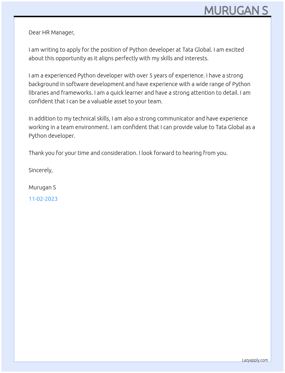 Python developer At Tata Global Cover Letter