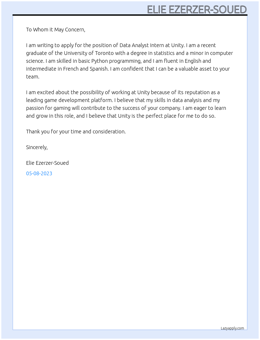 Data Analyst Intern At Unity Cover Letter