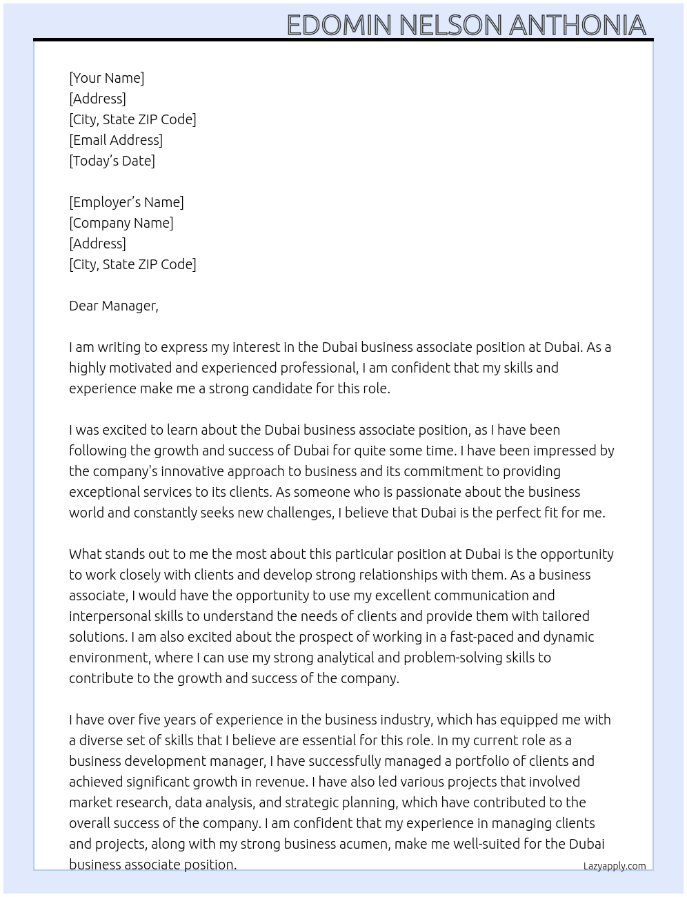 Dubai business associate At Dubai Cover Letter