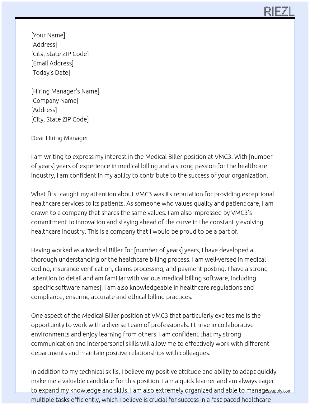 Medical Biller At VMC3 Cover Letter