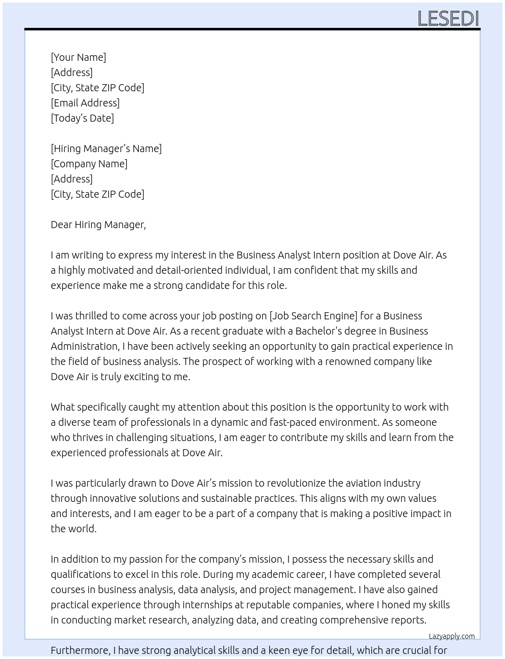 Business analyst intern At Dove air Cover Letter