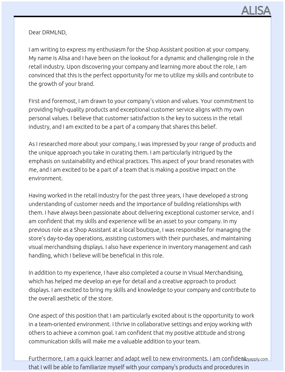 Shop assistant At DRMLND Cover Letter