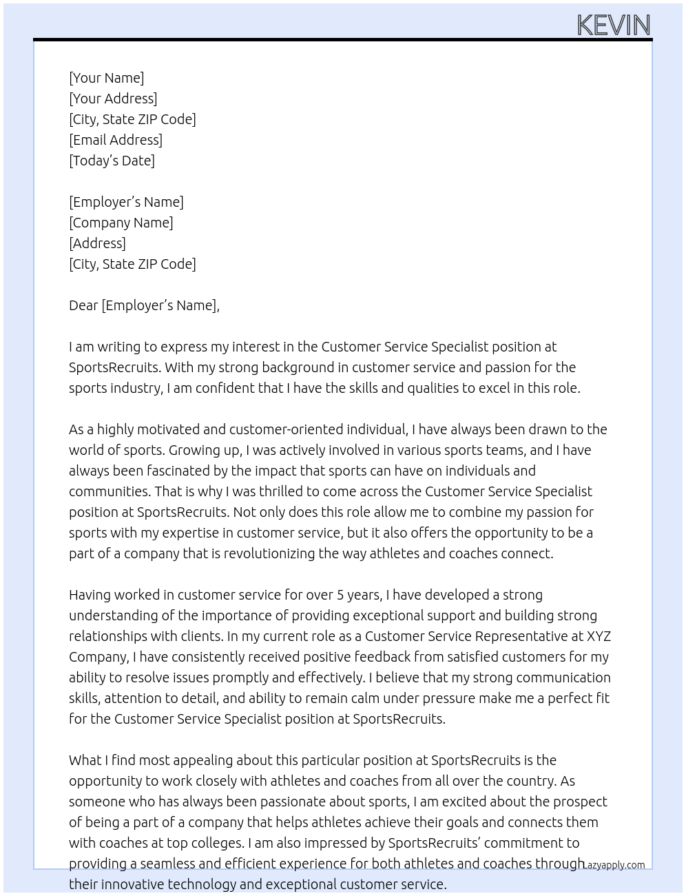 customer service specialist At sportsrecruits Cover Letter