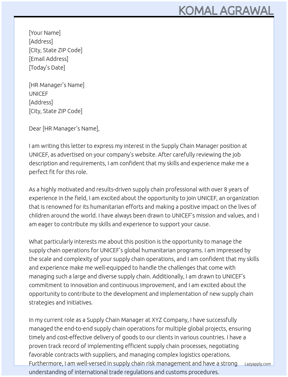 Supply Chain Manager At UNICEF Cover Letter