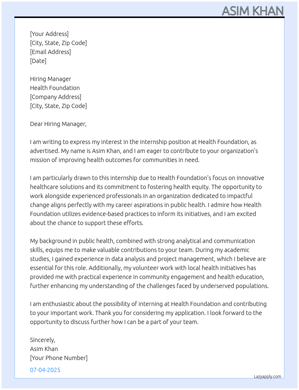 Internship At health foundation Cover Letter