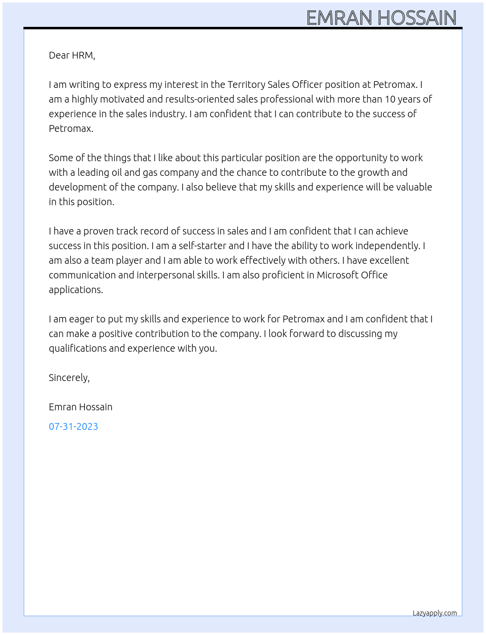 Territory Sales Officer At Petromax Cover Letter