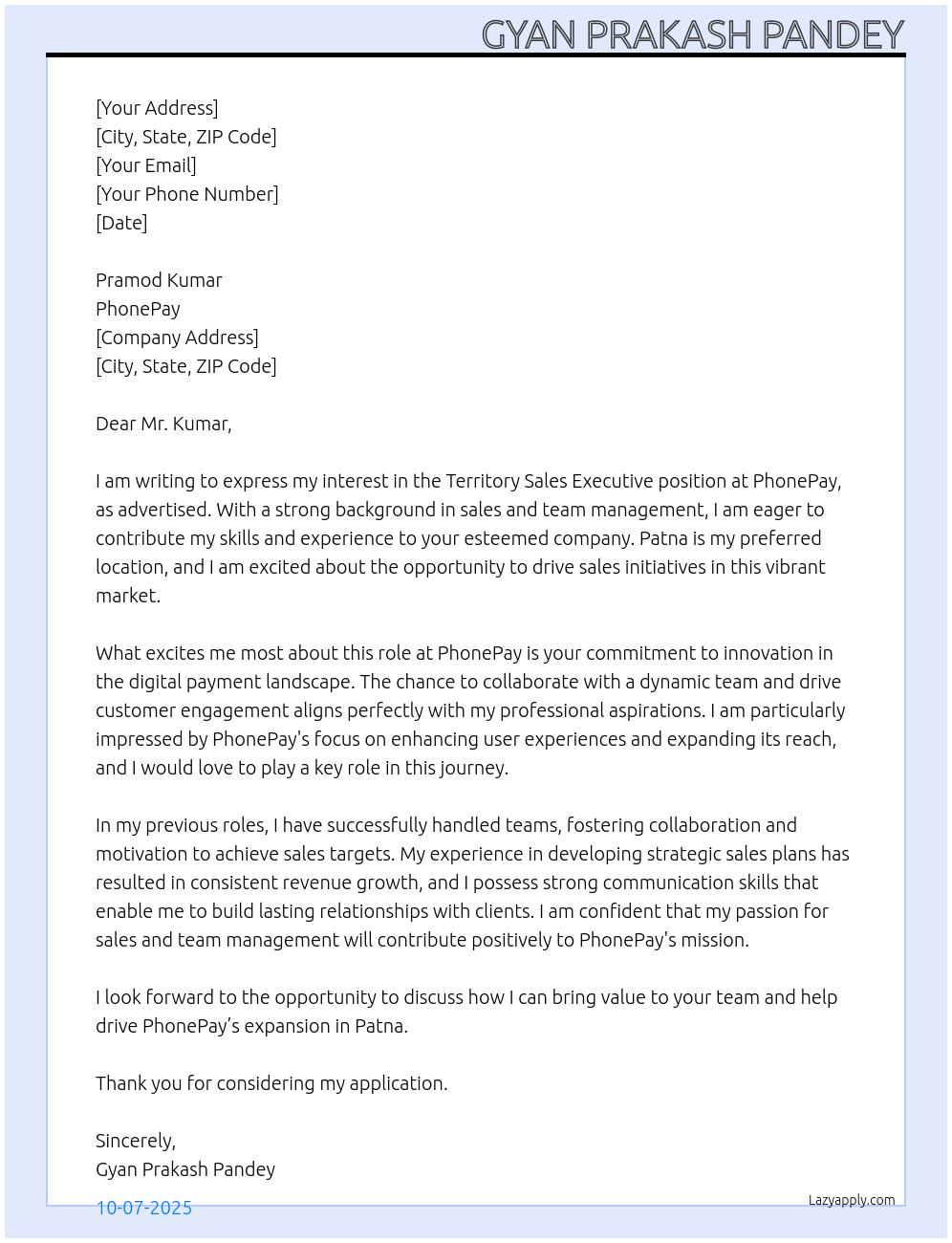 Territory Sales Excutive At Phone Pay Cover Letter