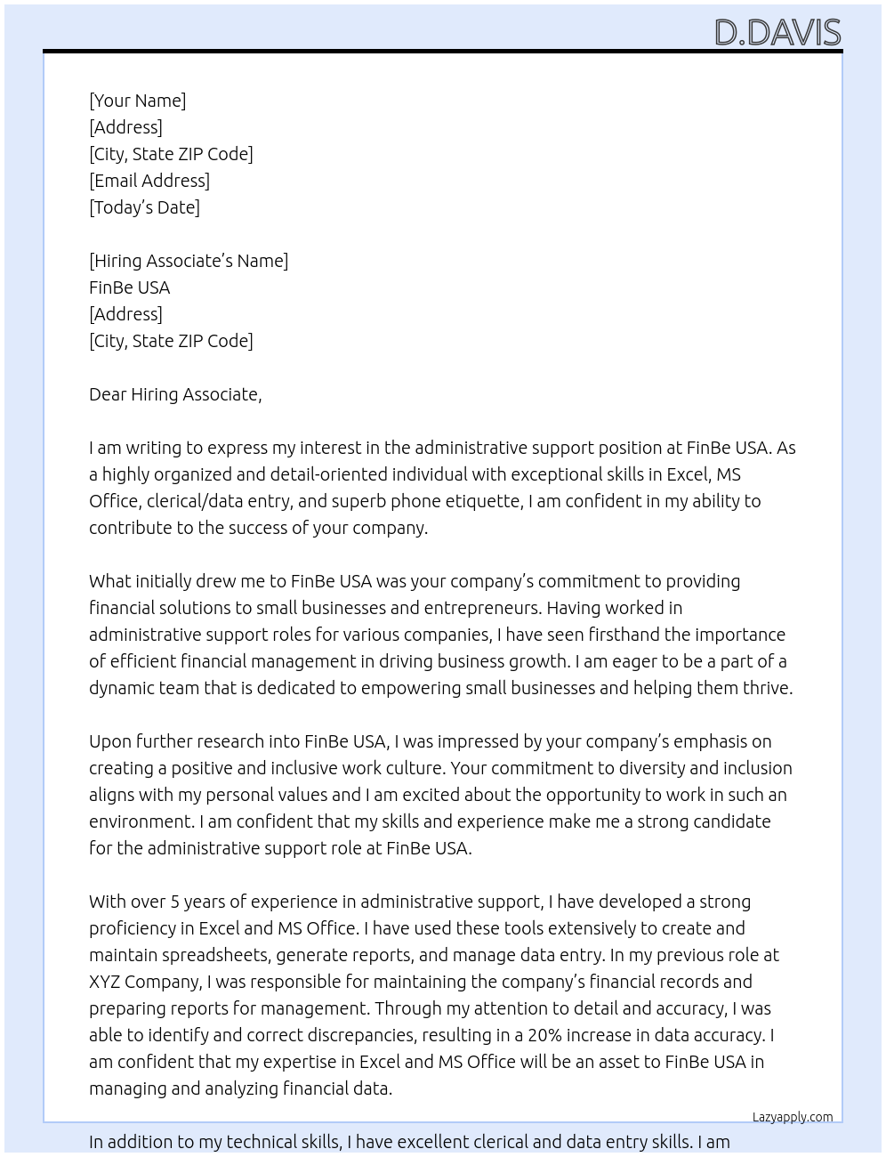 administrative support At FinBe USA Cover Letter