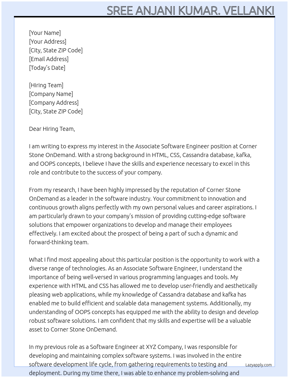 Associate Software Engineer At Corner Stone OnDemand Cover Letter