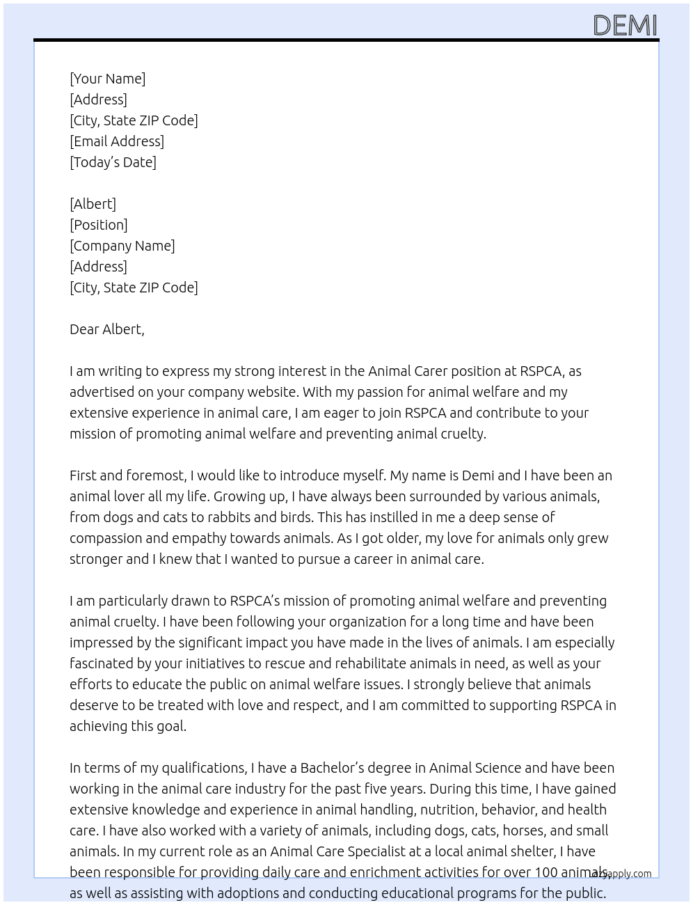 animal carer At rspca Cover Letter