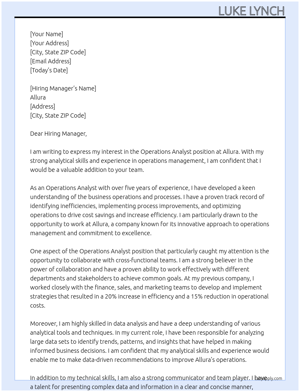 Operations Analyst At Allura Cover Letter