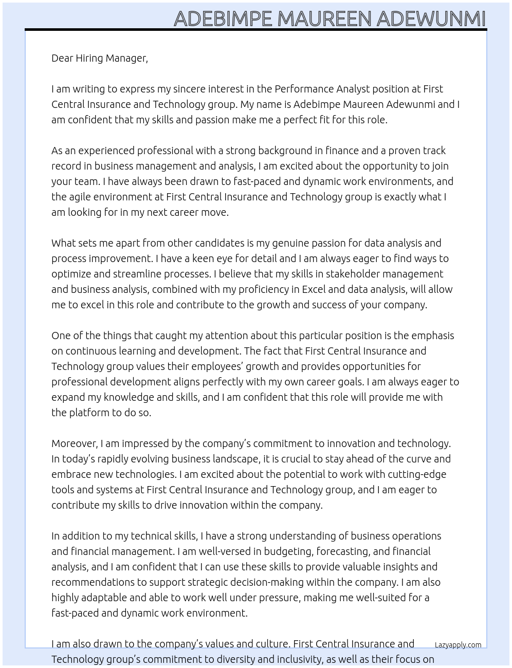 Performance Analyst At First Central Insurance and Technology group Cover Letter