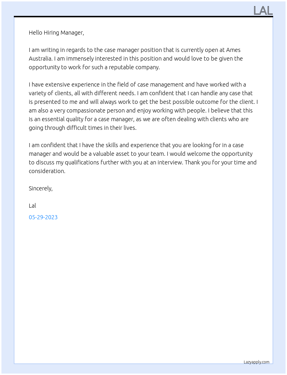 case manager At ames australia Cover Letter