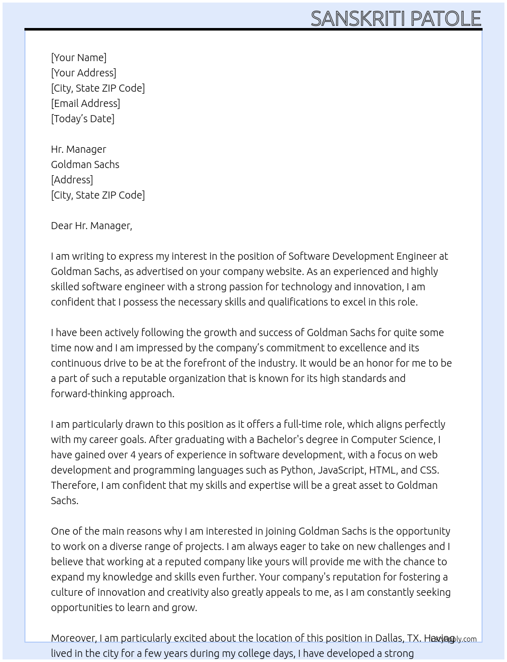 Software Development Engineer At Goldman Sachs Cover Letter