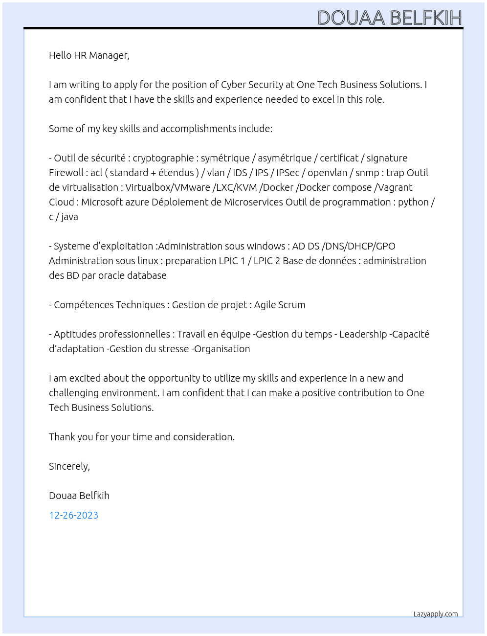 cyber security At One Tech Business Solutions Cover Letter