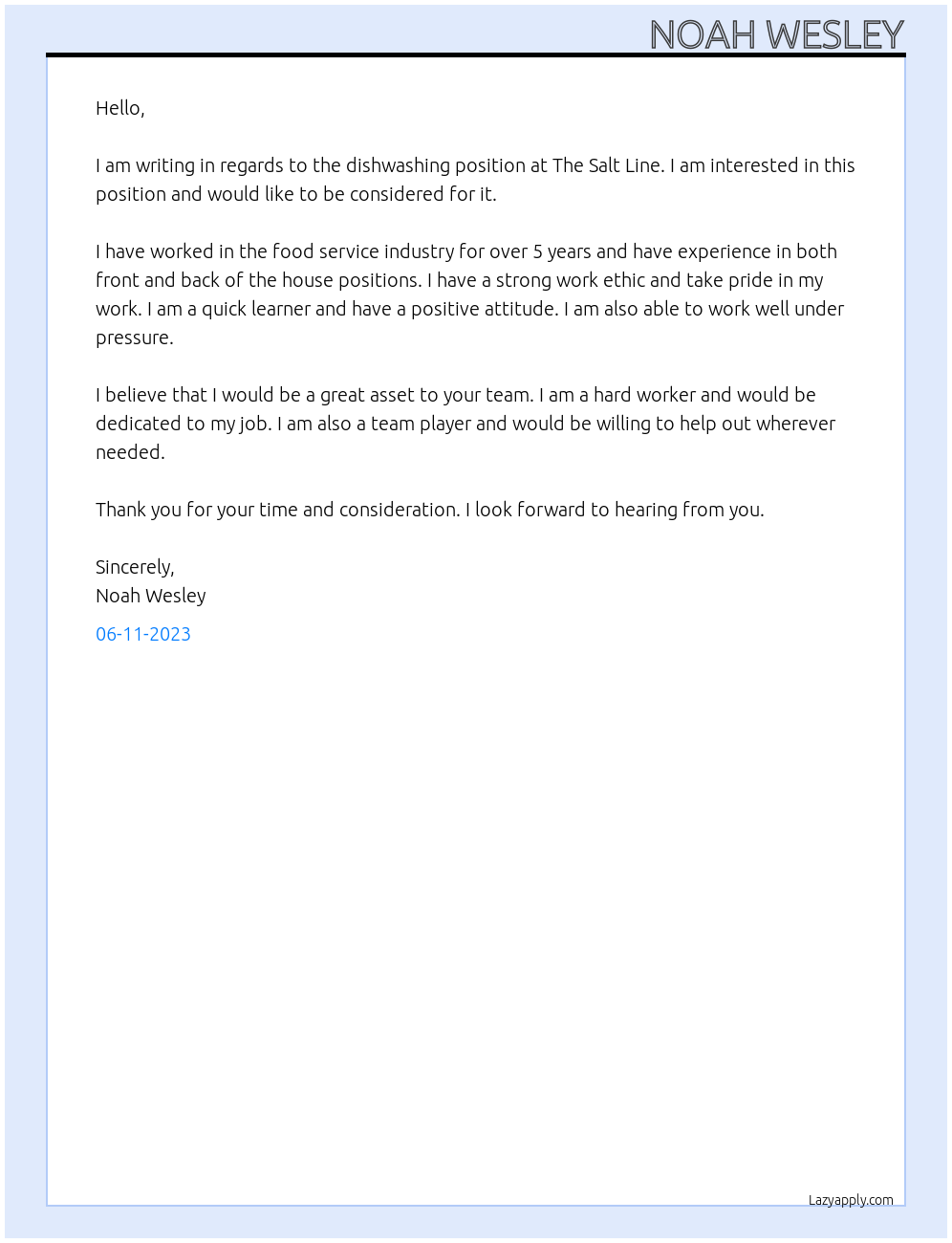 Dishwasher At The Salt Line Cover Letter