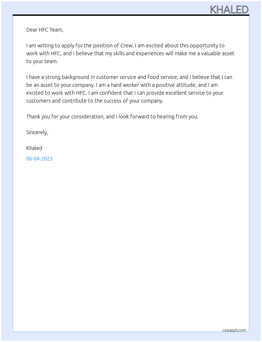 Crew At HFC Cover Letter