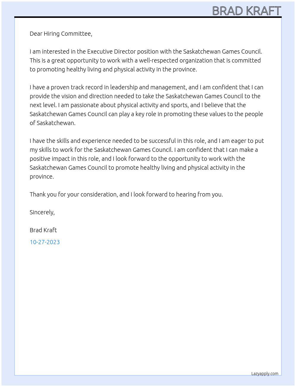 Executive Director At Saskatchewan Games Council Cover Letter