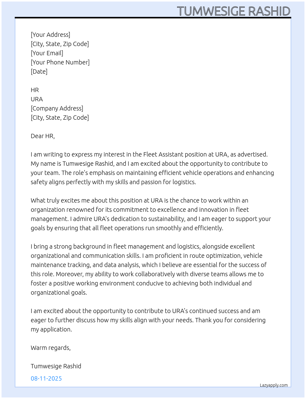 Cover letter for fleet assistant - LazyApply