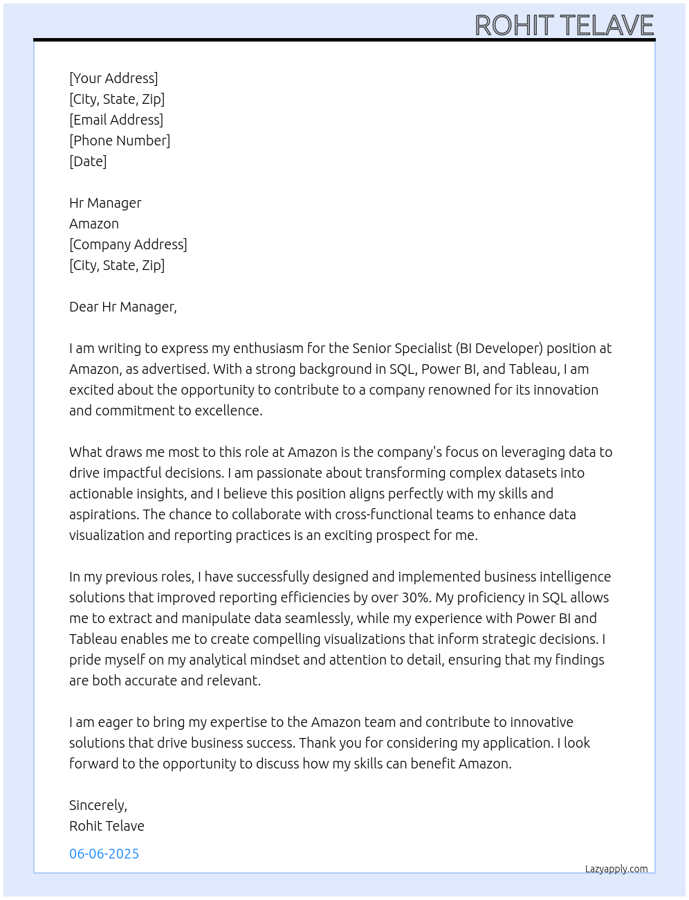 Senior Specialist ( BI Developer ) At Amazon Cover Letter