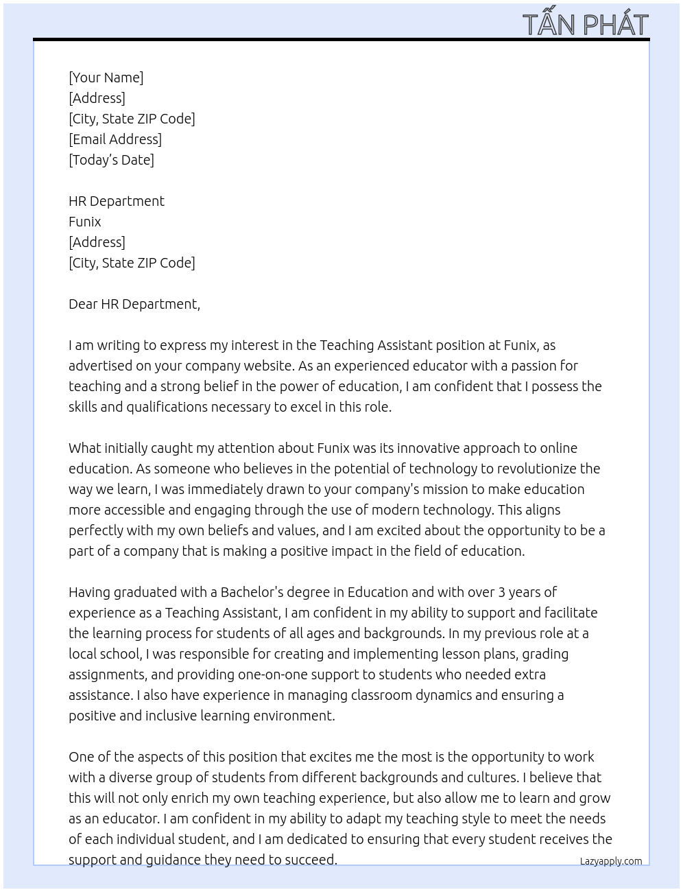 Teaching Assistant At Funix Cover Letter