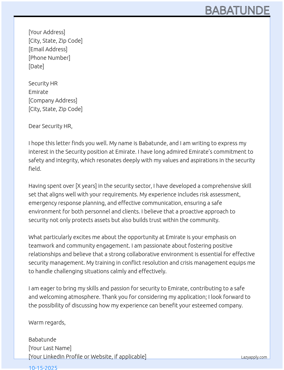 security At Emirate Cover Letter